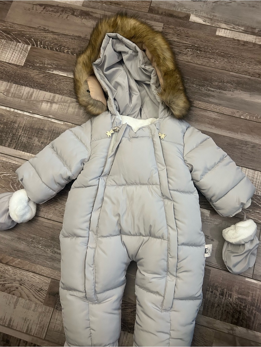 Cozy Light Gray Baby Puffer Snowsuit with Faux-Fur Hood